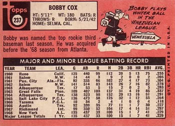 Bobby Cox  baseball card collectible - Main Image 2