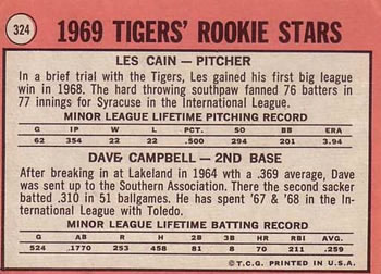 Tigers 1969 Rookie Stars (Les Cain / Dave Campbell)  baseball card collectible - Main Image 2