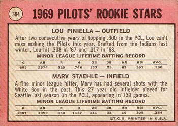 Pilots 1969 Rookie Stars (Lou Piniella / Marv Staehle)  baseball card collectible - Main Image 2