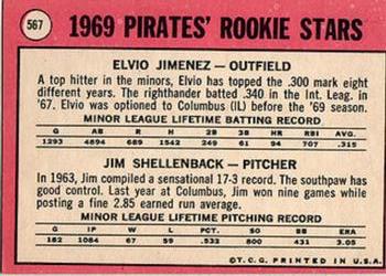 Pirates 1969 Rookie Stars (Elvio Jimenez / Jim Shellenback)  baseball card collectible - Main Image 2