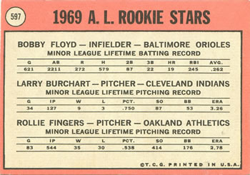 American League 1969 Rookie Stars (Bob Floyd / Larry Burchart / Rollie Fingers)  baseball card collectible - Main Image 2
