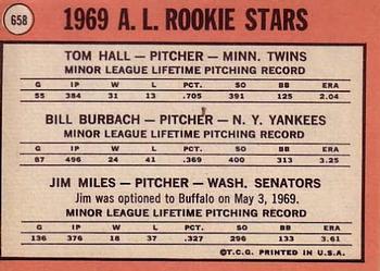 American League 1969 Rookie Stars (Tom Hall / Bill Burbach / Jim Miles)  baseball card collectible - Main Image 2
