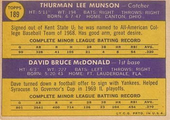 Yankees 1970 Rookie Stars (Thurman Munson / Dave McDonald)  baseball card collectible - Main Image 2