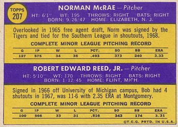 Tigers 1970 Rookie Stars (Norman McRae / Bob Reed)  baseball card collectible - Main Image 2