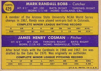 Cubs 1970 Rookie Stars (Randy Bobb / Jim Cosman)  baseball card collectible - Main Image 2