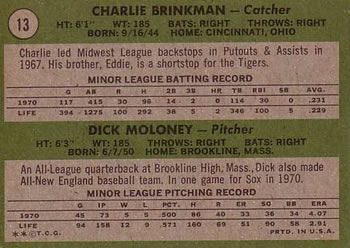 White Sox 1971 Rookie Stars (Charlie Brinkman / Dick Moloney)  baseball card collectible - Main Image 2