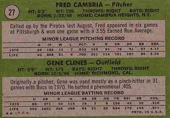 Pirates 1971 Rookie Stars (Fred Cambria / Gene Clines)  baseball card collectible - Main Image 2