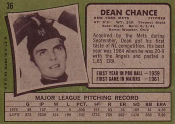 Dean Chance  baseball card collectible - Main Image 2