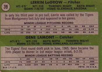 Tigers 1971 Rookie Stars (Lerrin LaGrow / Gene Lamont)  baseball card collectible - Main Image 2