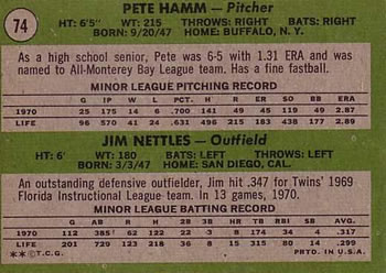 Twins 1971 Rookie Stars (Pete Hamm / Jim Nettles)  baseball card collectible - Main Image 2