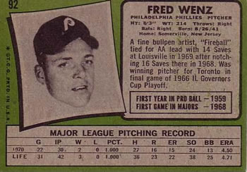 Fred Wenz  baseball card collectible - Main Image 2