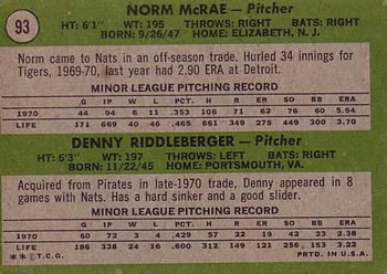 Senators 1971 Rookie Stars (Norm McRae / Denny Riddleberger)  baseball card collectible - Main Image 2