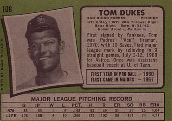 Tom Dukes  baseball card collectible - Main Image 2