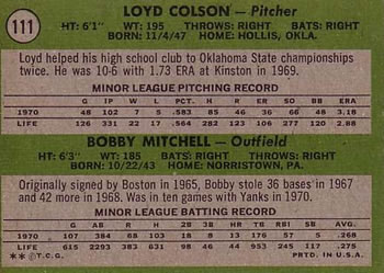 Yankees 1971 Rookie Stars (Loyd Colson / Bobby Mitchell)  baseball card collectible - Main Image 2
