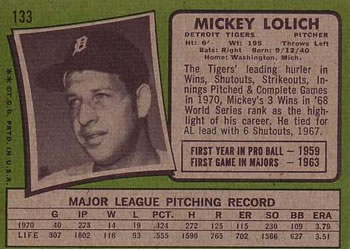 Mickey Lolich  baseball card collectible - Main Image 2