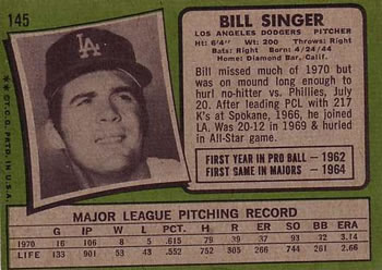 Bill Singer  baseball card collectible - Main Image 2