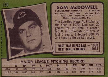 Sam McDowell  baseball card collectible - Main Image 2