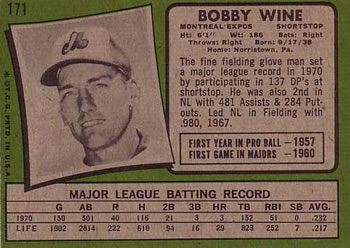 Bobby Wine  baseball card collectible - Main Image 2