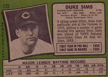 Duke Sims  baseball card collectible - Main Image 2