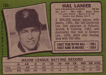 Hal Lanier  baseball card collectible - Main Image 2
