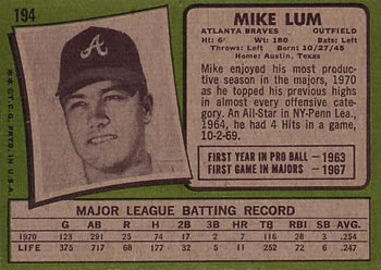 Mike Lum  baseball card collectible - Main Image 2