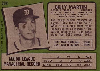 Billy Martin  baseball card collectible - Main Image 2
