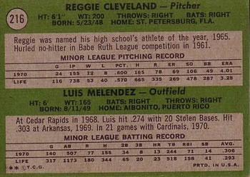 Cards 1971 Rookie Stars (Reggie Cleveland / Luis Melendez)  baseball card collectible - Main Image 2