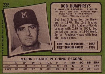 Bob Humphreys  baseball card collectible - Main Image 2