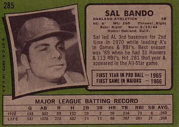 Sal Bando  baseball card collectible - Main Image 2