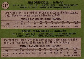 Athletics 1971 Rookie Stars (Jim Driscoll / Angel Mangual)  baseball card collectible - Main Image 2