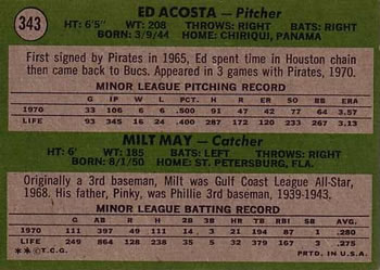 Pirates 1971 Rookie Stars (Ed Acosta / Milt May)  baseball card collectible - Main Image 2