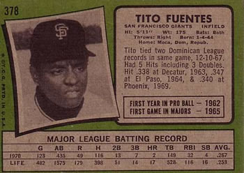 Tito Fuentes  baseball card collectible - Main Image 2