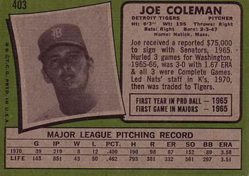 Joe Coleman  baseball card collectible - Main Image 2