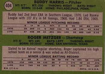 Astros 1971 Rookie Stars (Buddy Harris / Roger Metzger)  baseball card collectible - Main Image 2