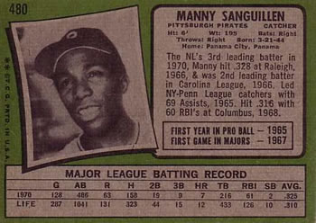 Manny Sanguillen  baseball card collectible - Main Image 2