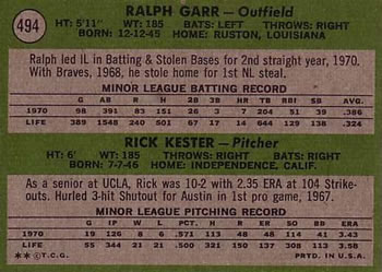 Braves 1971 Rookie Stars (Ralph Garr / Rick Kester)  baseball card collectible - Main Image 2