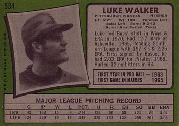 Luke Walker  baseball card collectible - Main Image 2