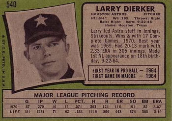 Larry Dierker  baseball card collectible - Main Image 2