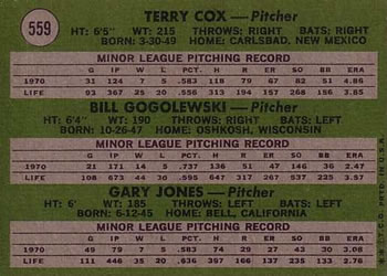 American League 1971 Rookie Stars (Terry Cox / Bill Gogolewski / Gary Jones)  baseball card collectible - Main Image 2