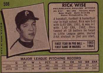 Rick Wise  baseball card collectible - Main Image 2