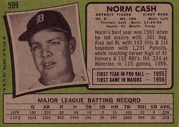 Norm Cash  baseball card collectible - Main Image 2