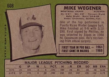 Mike Wegener  baseball card collectible - Main Image 2