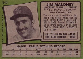 Jim Maloney  baseball card collectible - Main Image 2
