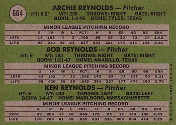 Pitchers 1971 Rookie Stars (Archie Reynolds / Bob Reynolds / Ken Reynolds)  baseball card collectible - Main Image 2