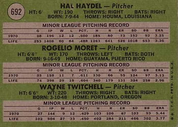 A.L. Pitchers 1971 Rookie Stars (Hal Haydel / Rogelio Moret / Wayne Twitchell)  baseball card collectible - Main Image 2