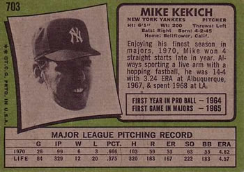 Mike Kekich  baseball card collectible - Main Image 2