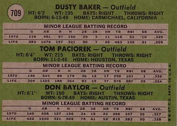 Outfielders 1971 Rookie Stars (Dusty Baker / Tom Paciorek / Don Baylor)  baseball card collectible - Main Image 2