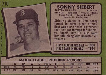 Sonny Siebert  baseball card collectible - Main Image 2
