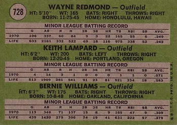 N.L. Outfielders 1971 Rookie Stars (Wayne Redmond / Keith Lampard / Bernie Williams)  baseball card collectible - Main Image 2