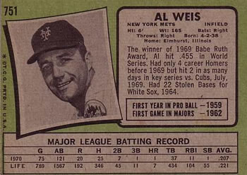 Al Weis  baseball card collectible - Main Image 2